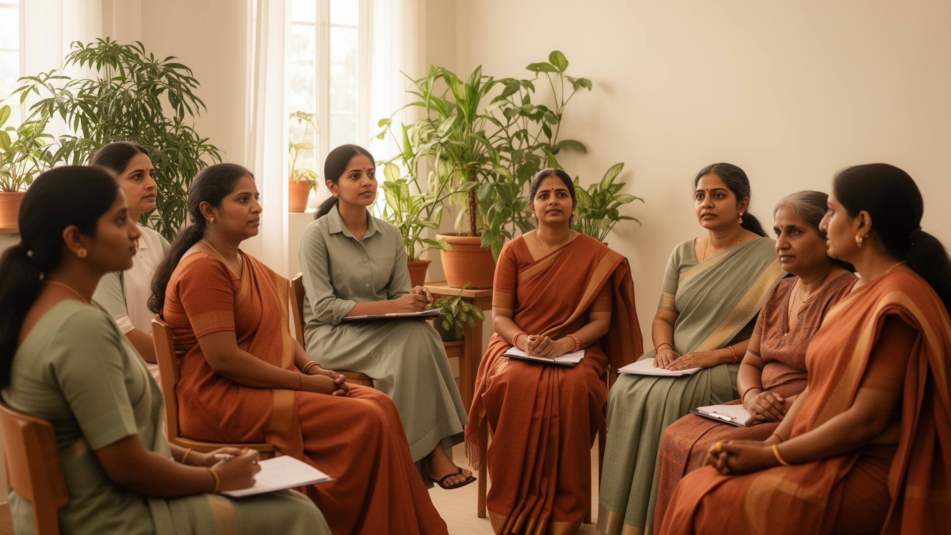 Community awareness session with women in a calm, plant-filled room