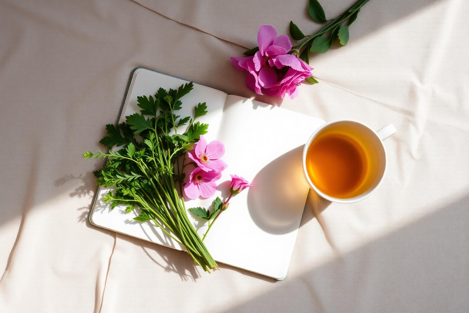 Open notebook with fresh herbs, flowers and a cup of tea in soft light